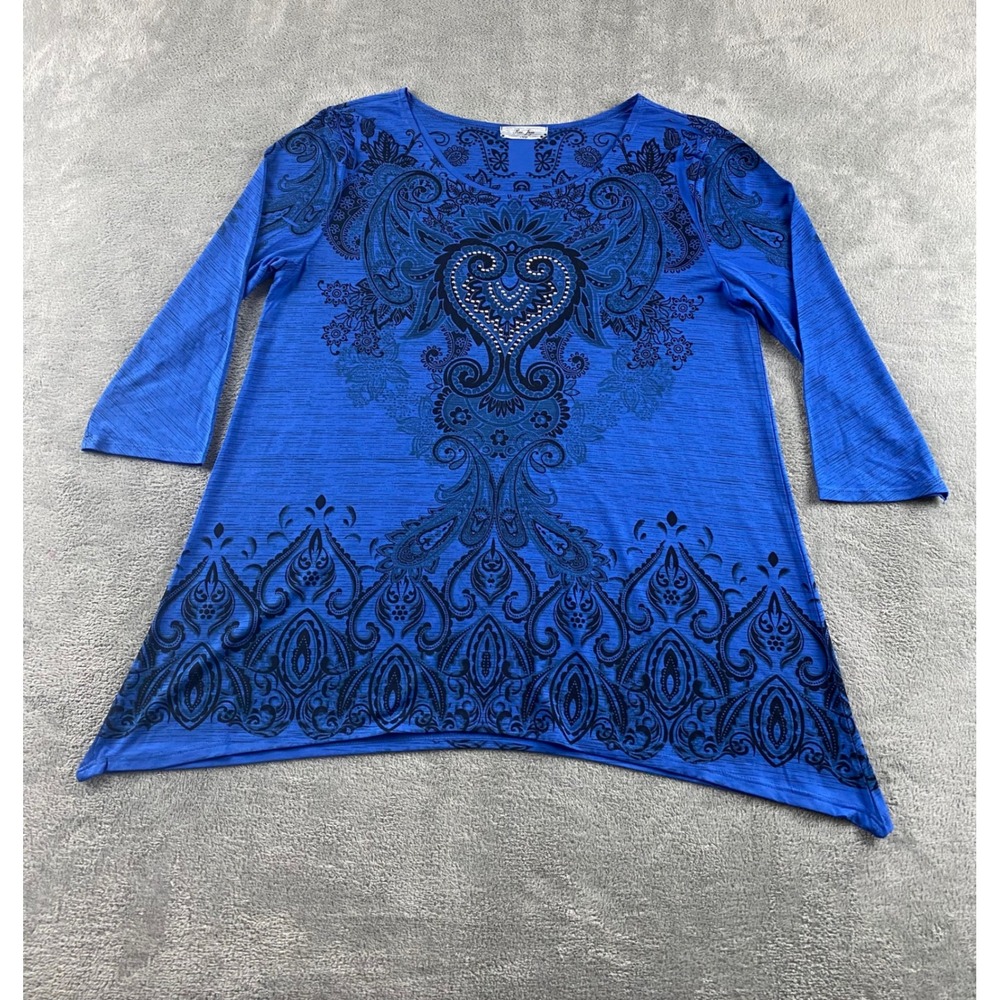Rue Juju Womens Blue Paisley Studded Heart Sharkbite Hem Tunic Top XL 3/4 Sleeve